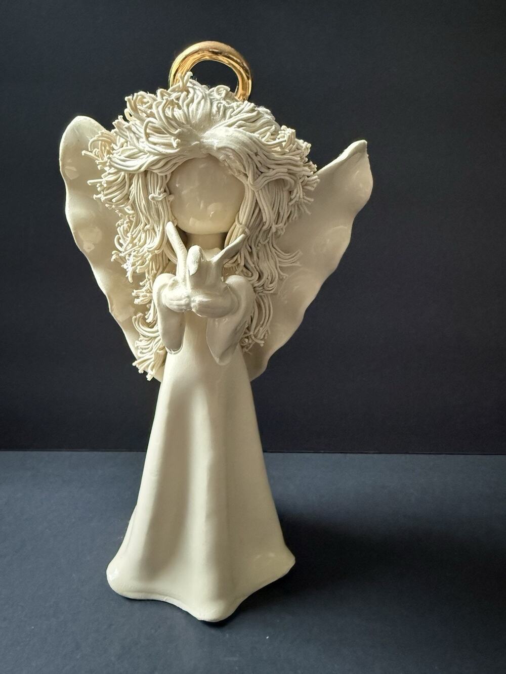 Vintage Ceramic Angel Figurine Gold Halo Dove Religious Prayer Handcrafted 10”